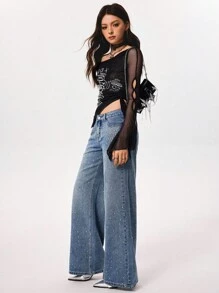 SHEIN EZwear Jeans de pierna ancha con aplicaciones de strass, estilo retro y vintage, de uso versátil y casual - Azul lavado medio - Ver 5