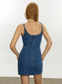 Rina Fox Váy denim dây mảnh màu xanh đơn giản thời trang hàng ngày dành cho nữ - Rửa tối - Xem 3