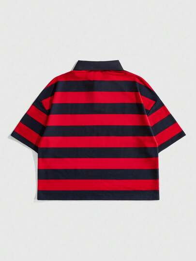 Prep Men's Contrast Color Half-Placket Casual Letter Striped Polo Shirt, American Retro Style