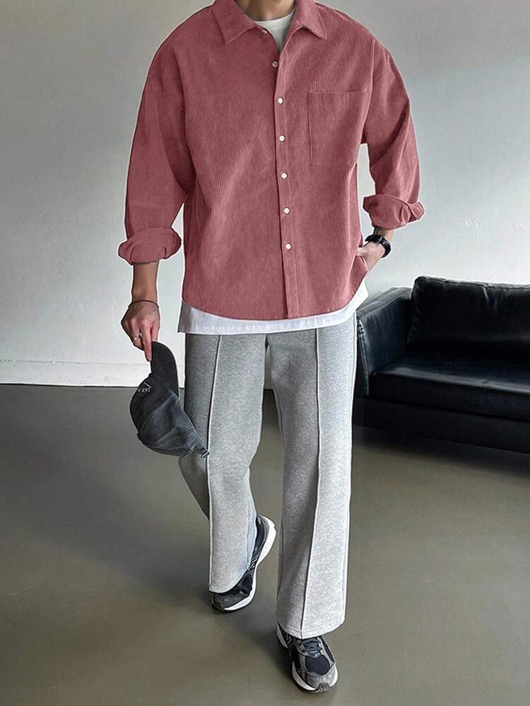 Men's Solid Color Corduroy Shirt, Muted Berry Tone, Autumn Long Sleeve Men Shirt