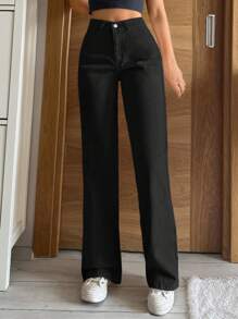 SHEIN Tall 100% 纯棉女式纯色直筒高腰牛仔裤 - 黑色 - 查看 4