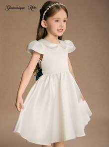 Glamorique Kids Christmas Young Girls Dress,White,Summer,Flower Girl,Satin Puff Princess Ball Dress,Bowknot Wedding Guest,Elegant Birthday Party,Piano Performance - White - View 2