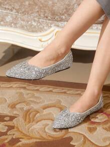 CUCCOO TILAWA Women's Fashionable Pointed Toe Flats With Rhinestones, Luxury Silver Color, Comfortable Casual Everyday Wear
