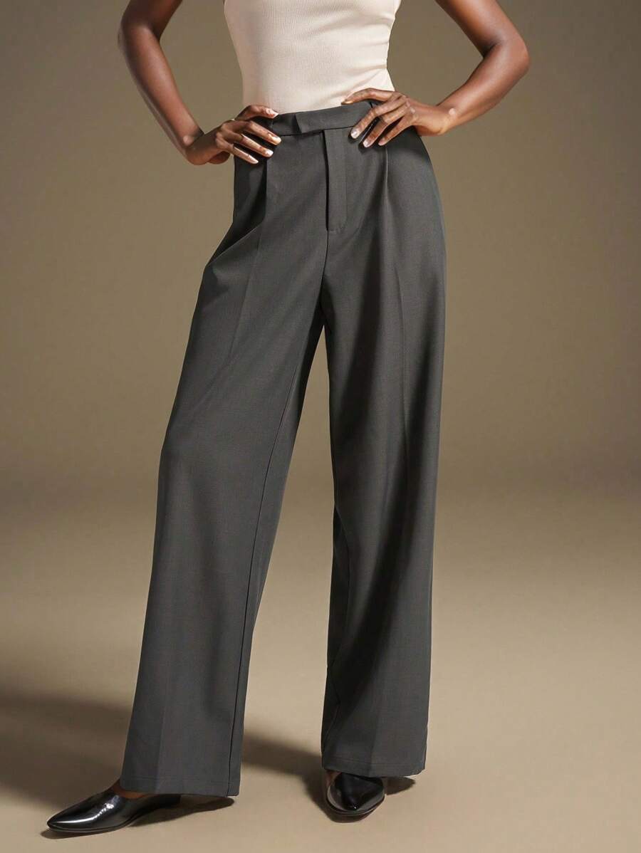 Ontre 2025秋冬新款灰色褶皱收腰抗皱阔腿斜口袋女士西装裤，现代优雅都市浪漫西部朋克Y2K乡村音乐节复古韩国机场旅行街头婚礼嘉宾生日万圣节商务休闲办公室约会派对郊游机场返校秋冬女装 - 灰色 - 查看 1