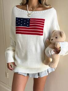 SHEIN 少女超大号不对称肩部宽松休闲套头衫，带有国旗图案，新年夜长袖运动衫上衣，保暖，时尚街头，休闲运动，英语图案，少女服装，百搭，宽松版型，返校，运动，学院，复古 - 白色 - 查看 3
