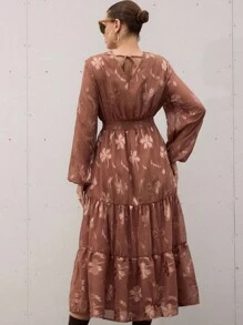 Aveloria Modichic Brick Red Cutout V-Neck Tie Back Elegant Waist Slimming Lantern Sleeve Long Sleeve Vintage Style Plus Size Maxi Dress Fall Cloth For Women - Khaki - View 6
