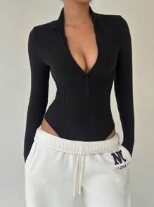 FavEase Black Solid Half Open Collar Long Sleeve Fitted Bodysuit Fall Cloth For Women - Black - View 5