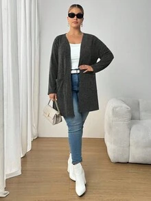 SHEIN PETITE CURVE Dual Pocket Open Front Coat Without Cami Top,Ladies Winter Casual Pocket Regular Sleeve Loose Black Plain Women Coats,Casual Daily Wear Fall Autumn - Dark Grey - View 5