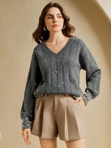 Anewsta Elegant V-Neck Pearl Design Loose Fit Long Knitted Sweater, Suitable For Autumn, Fall, Winter, Going Out, Elegant, Formal, Chic, New Year, Christmas, Graduation, Casual