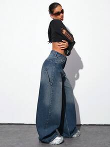 EURMUSE QUẦN JEAN NỮ ỐNG RỘNG EO VỪA - Rửa trung bình - Xem 2