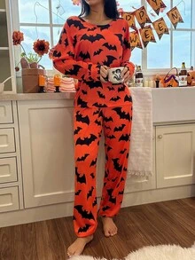 SHEIN 女士万圣节元素蝙蝠印花圆领长袖橙色上衣和裤子睡衣套装，秋季服装 - 橘色 - 查看 1