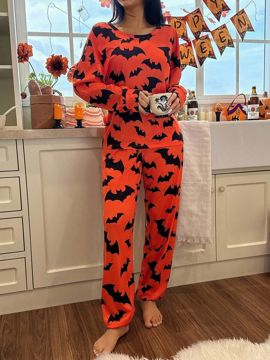 SHEIN 女士万圣节元素蝙蝠印花圆领长袖橙色上衣和裤子睡衣套装,秋季服装 - 橘色 - 查看 1