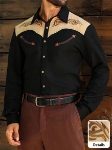 Manfinity Nomadique Vintage Western Cowboy Shirt For Men, Boho Embroidered Chest & Coconut Buttons, Black Long Sleeve Shirt For Festival Streetwear,Concert,Outdoor Activities,Unique Men Gift Idea Button-Down Fit Western Shirt, Fall