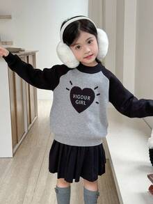 SHEIN Young Girls' Heart Pattern Raglan Sleeve Pullover Sweater,Casual Round Neck Long Sleeve Knitwear For Autumn,Party,Back-To-School,Fall/Winter - Multicolor - View 2