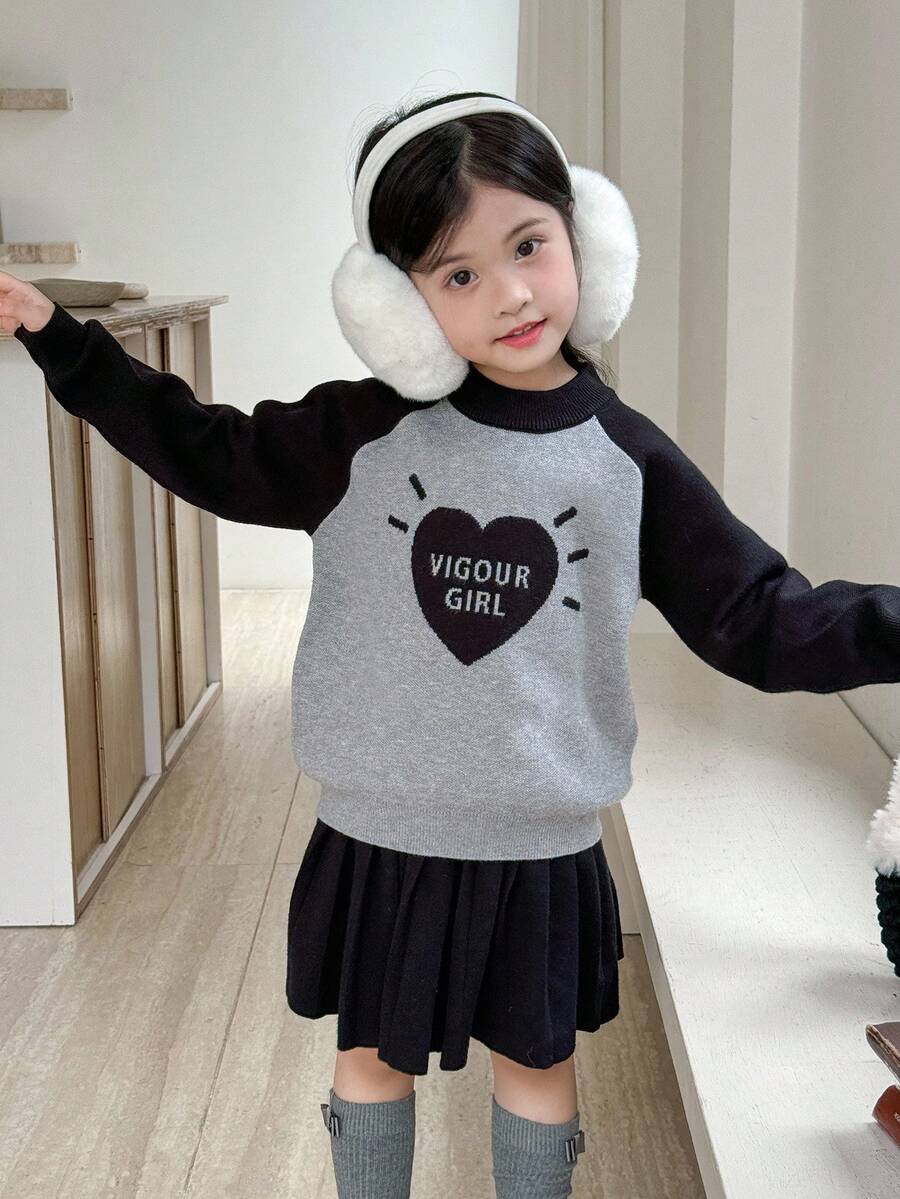 SHEIN Young Girls' Heart Pattern Raglan Sleeve Pullover Sweater,Casual Round Neck Long Sleeve Knitwear For Autumn,Party,Back-To-School,Fall/Winter