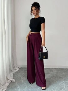 Elenzga 女士优雅秋季腰部设计不对称金属装饰简约纯色西装裤 - 中紫紅色 - 查看 5
