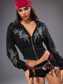 Shutterstock Y2Kool 女式荆棘印花连帽运动衫，修身套头衫，适合万圣节派对、返校季、秋冬短款上衣夹克女式短款连帽衫图案短款连帽衫休闲 - 黑色 - 查看 6