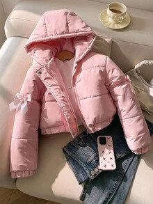 SHEIN Cute Kawaii Thick Hooded Winter Jacket For Tween Girls, Long Sleeve, Fleece, Baby‑Pink Coat With 3D Bow Decor - Pink - View 6