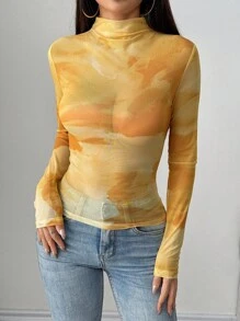 SHEIN Clasi 女式随机印花高领长袖上衣 - 黃色 - 查看 5