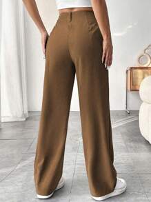 EMERY ROSE 女式纯色褶皱直筒宽松休闲工作裤 - 摩卡棕 - 查看 2