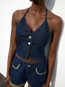 Maija 女士深蓝色牛仔露背性感蝴蝶结上衣 - 中等水洗藍 - 查看 7