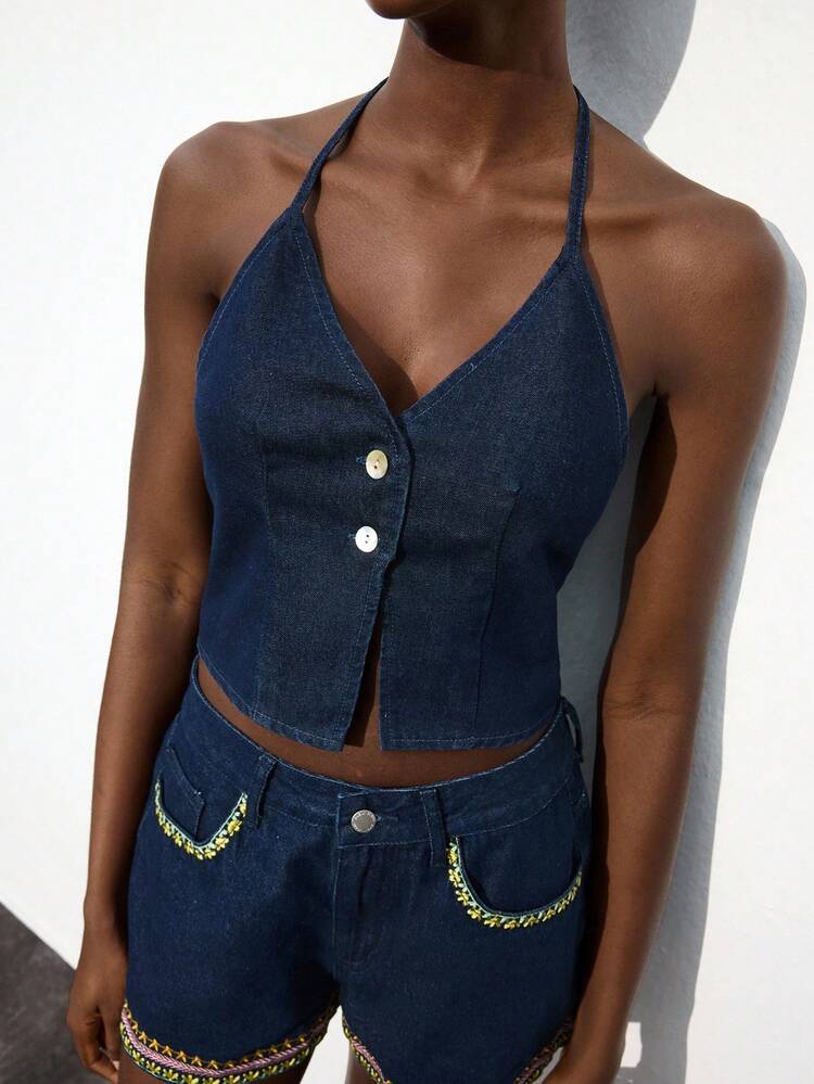 SHEIN Maija Women's Dark Blue Denim Top Sexy Open Back Top Bow Tie