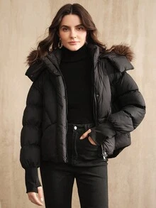 Anewsta Thick Short Loose Oversized Collar Women Jacket - Black - View 6