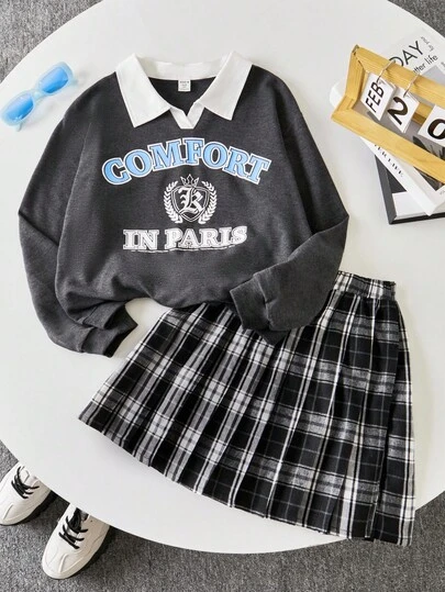 Sparklyn Tween 女童条纹格子拼色字母印花两件套：长袖运动衫和褶皱迷你裙，适合学校、通勤的休闲装，适合返校季穿着