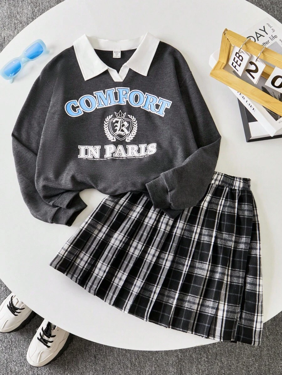 Sparklyn Tween 女童条纹格子拼色字母印花两件套：长袖运动衫和褶皱迷你裙，适合学校、通勤的休闲装，适合返校季穿着 - 深灰色 - 查看 1