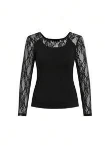 Ellevyn Blouse élégante pour femmes grandes tailles, couleur unie, patchwork en dentelle avec ornements de strass