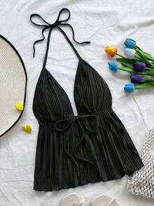 Soleia Damen Plissee strukturierte rückenfreie Neckholder Krawatte Träger Rüschen Saum Trägerhemd, Urlaubskleidung