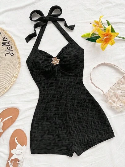 Soleia Women's Halter Tie Metal Flower Decor White Textured Fabric Bodysuit, Suitable For Vacation, Beach, Summer Outfit