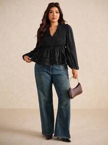 Elaquor 大码休闲纯色荷叶边下摆灯笼袖衬衫