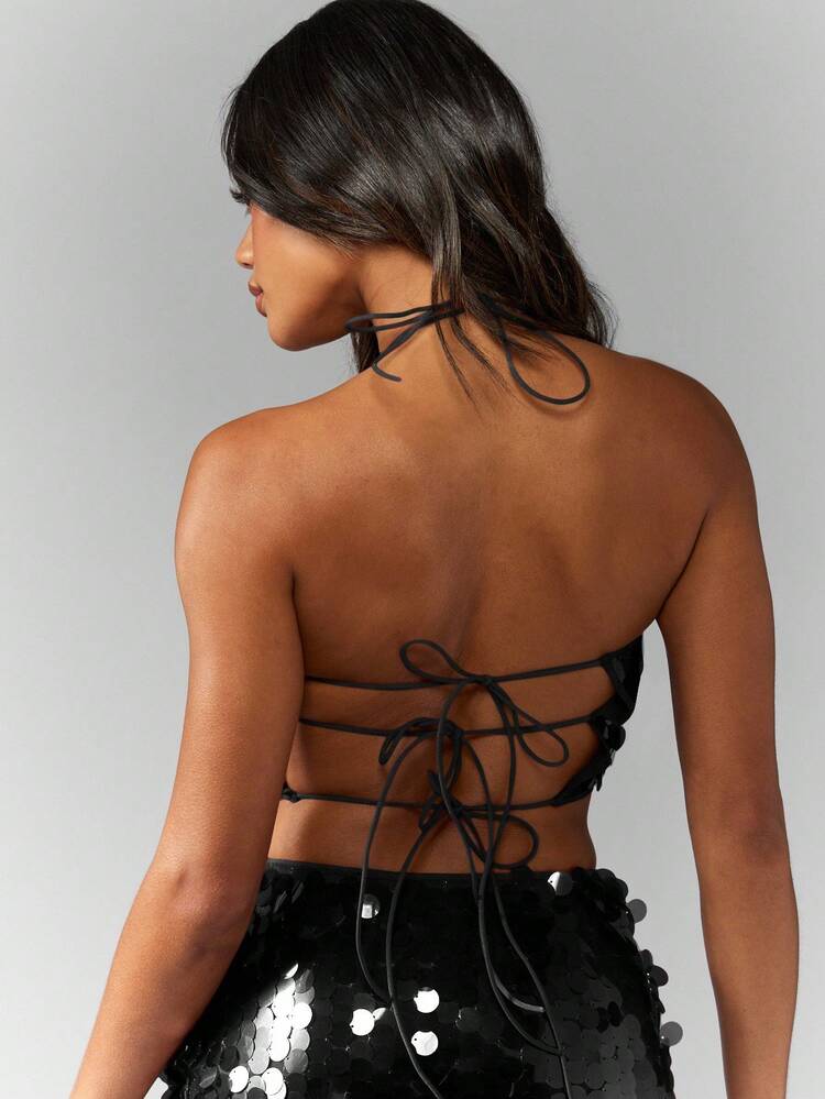 MISSGUIDED Sequin Party Crop Top Halter Neck Lace Up Back Disco Festival Evening Club Holiday Glamour Sparkle Cami