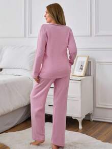 EURMUSE 100% 纯棉两件套字母标语印花撞色缝线睡衣套装 - 粉色 - 查看 2