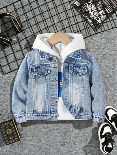 年轻男孩做旧复古洗水牛仔夹克和外套，休闲时尚百搭，宽松剪裁破洞褪色牛仔夹克，柔软舒适的材质，凉爽