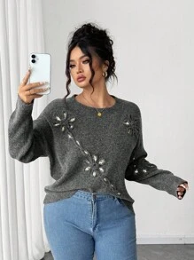 Elenzga Plus Size Loose Elegant Modest Beaded Floral Pullover Sweater Fall Winter Cloth For Women Autumn