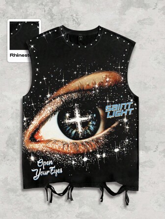 Street Life Camiseta de tirantes con cuello redondo, estampado gráfico y diseño desgastado con rhinestones, estilo punk callejero para hombre, verano