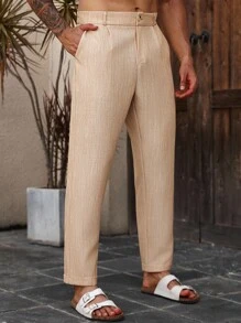 Manfinity Homme Quần dài đi nghỉ thường ngày vải lanh hai màu cỡ lớn dành cho nam - Màu Khaki - Xem 6