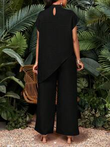 SHEIN Lady 2025 新款春夏秋冬黑色梭织立领不对称插肩袖长款短袖加大码套装女两件套优雅黑色两件套黑色两件套女款黑色两件套阔腿两件套别致女士套装休闲女装婚礼宾客 - 黑色 - 查看 2