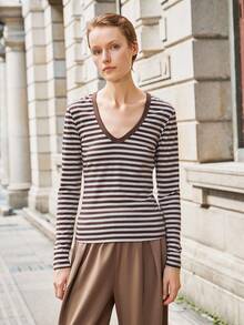 Lumivelle Fashionable Slim Fit V-Neck Long Sleeve Striped Women T-Shirt Fall For Elegant Fashionable Casual Commuting Business Office Daily Leisure All-Match Urban Teacher Professional Attire - Coffee Brown - View 9