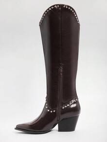 SHUZIA Giày bốt cao đến đầu gối đế vuông màu nâu thanh lịch, tối giản, thoải mái, trang trí đinh tán dành cho nữ - Màu nâu Sô-cô-la - Xem 6