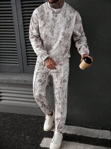 Manfinity Homme Men's Crew Neck Pullover Sweatshirt Set, Mature Casual Style Men Tie Dye Jogger Set Men 2 Pieces Set Men Grey And White Set Men 2 Pieces Outfits Men Jogger Set
