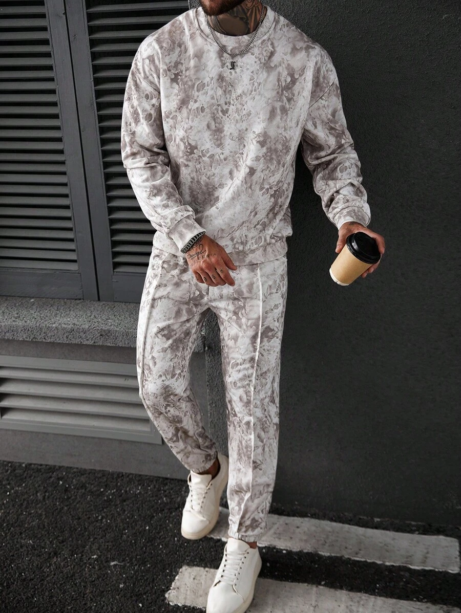 Manfinity Homme Men's Crew Neck Pullover Sweatshirt Set, Mature Casual Style Men Tie Dye Jogger Set Men 2 Pieces Set Men Grey And White Set Men 2 Pieces Outfits Men Jogger Set