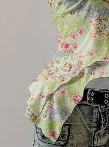 SHEIN EZwear 休闲简约绿色花卉印花性感吊带背心，Y2K 风格，垃圾摇滚时尚 - 彩色 - 查看 4