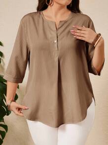 EMERY ROSE 加大码 Old Money 度假休闲条纹弧形下摆衬衫，女士夏季服装，女士度假服装