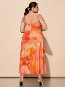 SHEIN Tall CURVE Plus Size Casual Vacation Style Orange Lily Gradient Tie Dye Full-Length Print Waist Drawstring Swing Dress Woman S Summer Clothes Women Dresses Birthday Women Summer Clothing Women Casual Dress Women S Clothes,Sundress - Orange - View 2