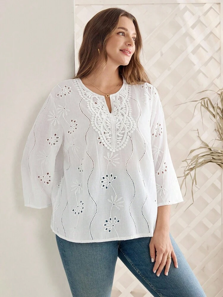 Plus Size Women's Casual White Hollow Embroidery Blouse,Fall Clothes,Spring/Summer/Vacation