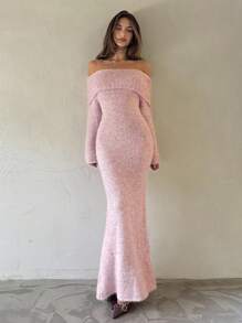 Aloruh 女式厚罗纹露肩长袖修身长款毛衣裙，粉色，秋冬 - 粉色 - 查看 3