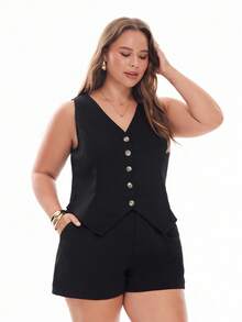 Solavibe Plus Size Solid Color V-Neck Sleeveless Casual Suit Vest And Pocketed Short Suit Two-Piece Set Short Sets Summer